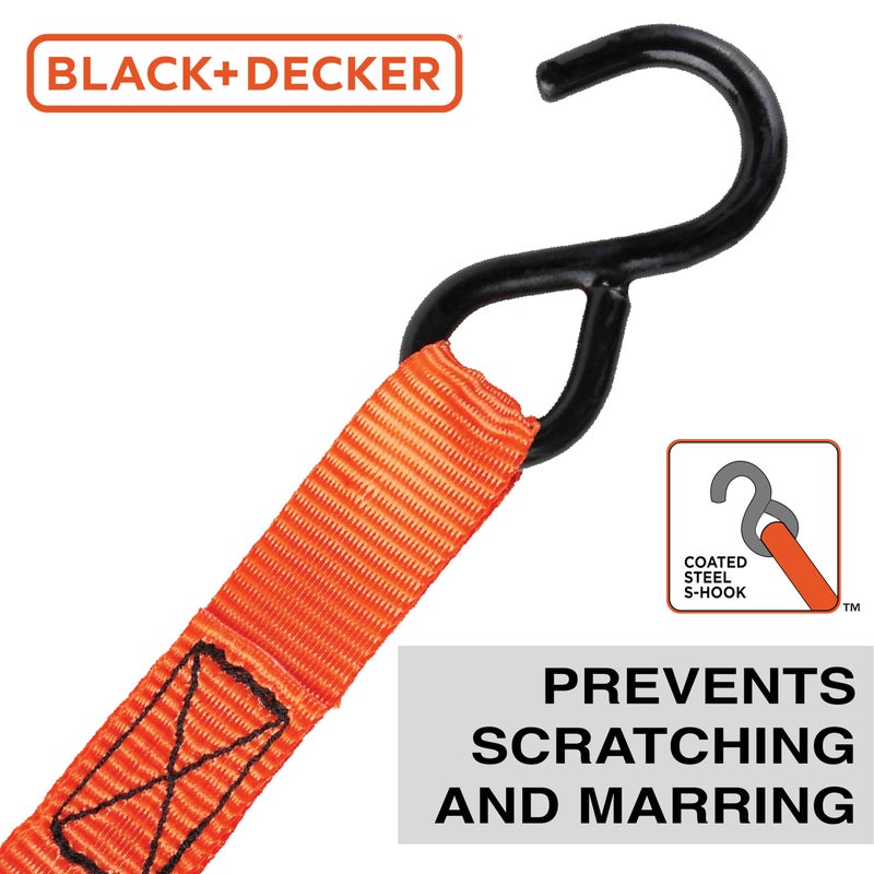 BLACK+DECKER BD1005 Black/Orange 1"" x 10' Ratchet Tie Down Straps - 300 lb Safe Working Load / 900 lb Break Strength  4 Pack - Image 5